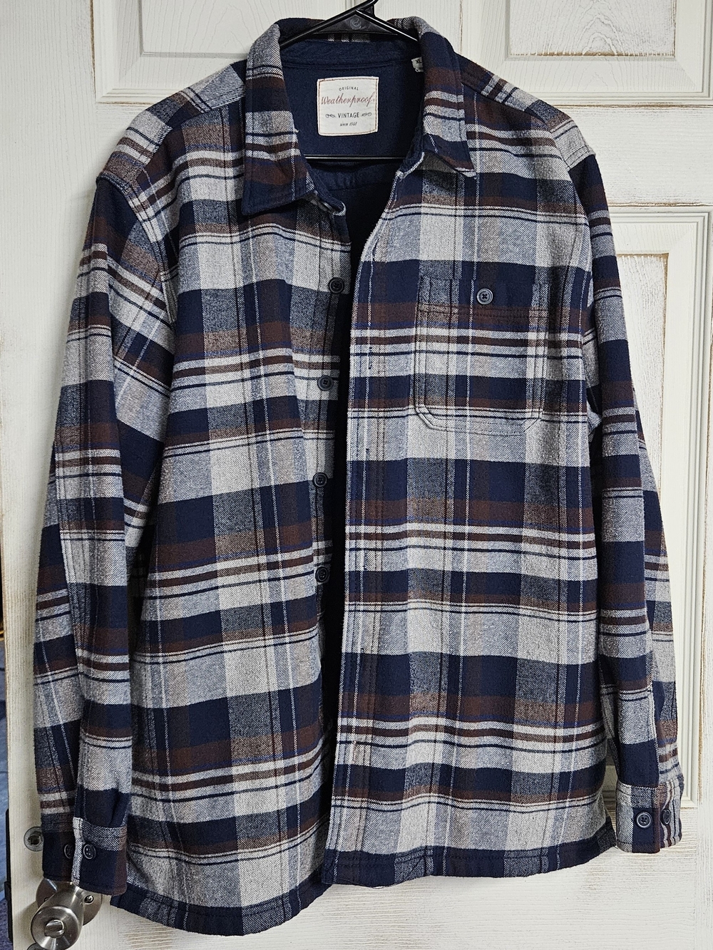 Weatherproof Navy and Brown Plaid Button-Up Shirt